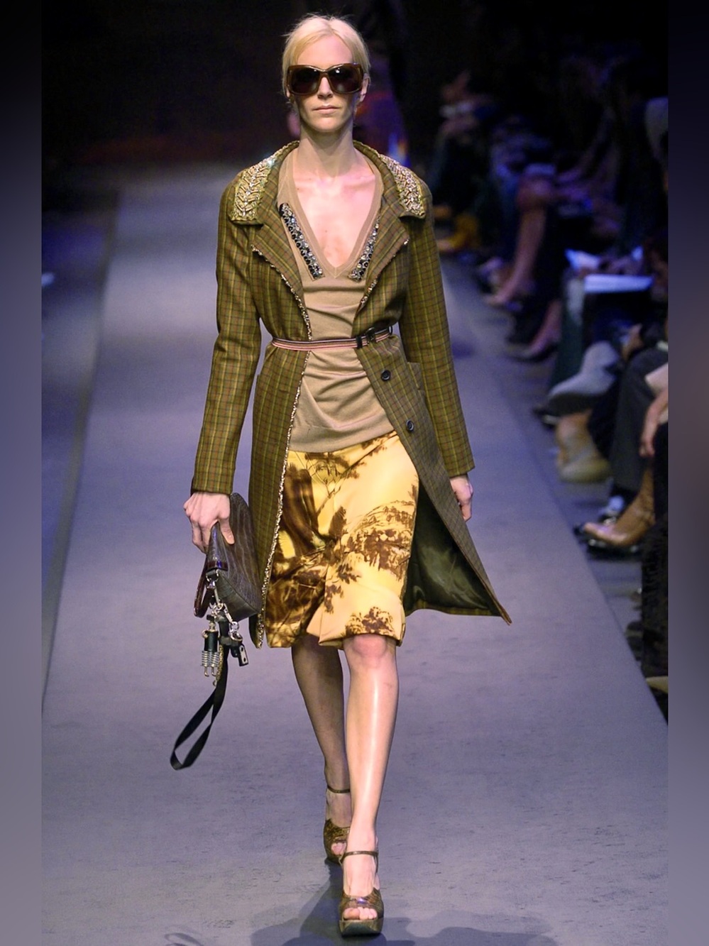 Vintage PRADA F/W 2004 Crystal Embellished Plaid Wool Coat in Olive Green